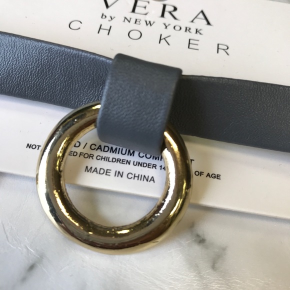 Grey Gold Hoop Medallion Leather Choker Necklace - Picture 2 of 7